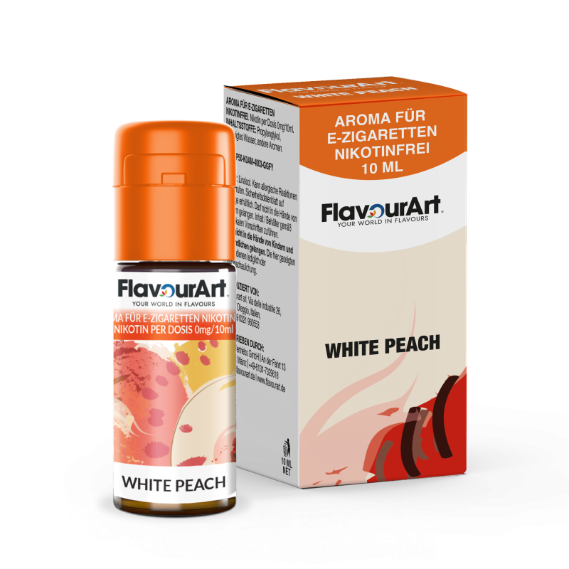 FlavourArt E-Zigaretten-Aroma White Peach mit zartem weißen Pfirsichgeschmack, 10 ml Flasche, nikotinfrei.